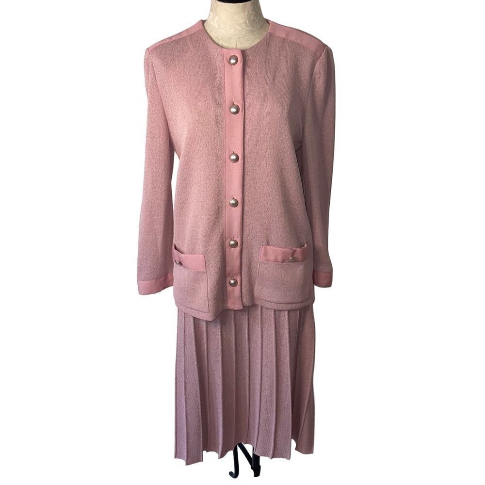 Castleberry Vintage Womens Knit Skirt Jacket Set Size Medium Pink Midi Polyester